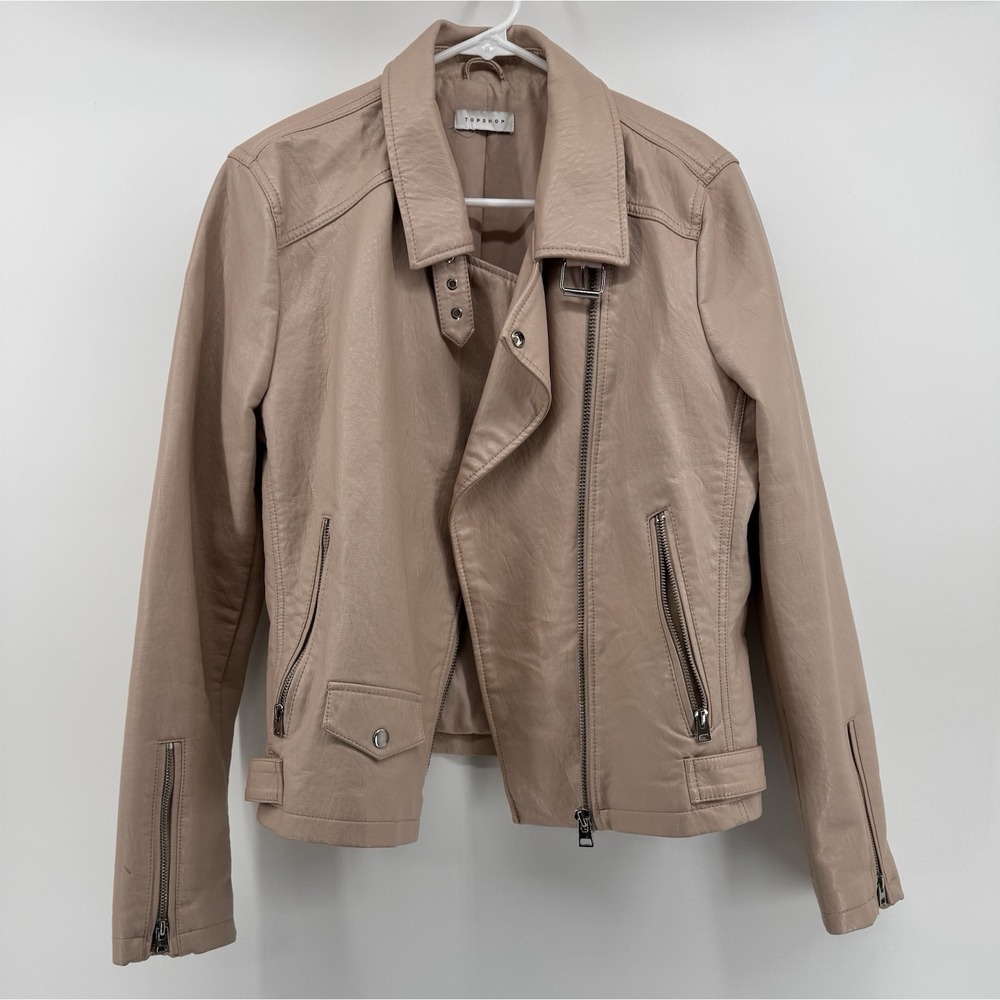 Topshop Leather Jacket Women's Long Sleeve Pink Beige Size 12 - Picture 2 of 16